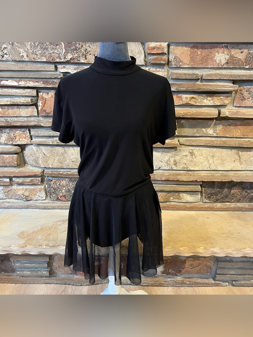 Norma Kamali Pickleball Black Mock Neck Mini Dress with Sheer Skirt